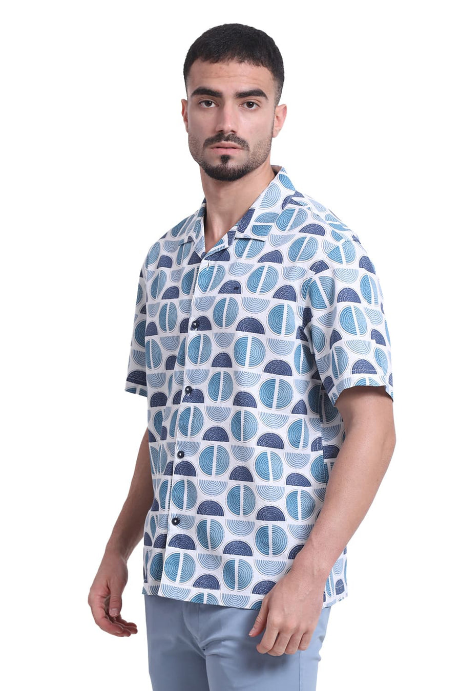 BASICS RELAXED FIT CORAL BLUE COTTON TWILL SLUB PRINTED HALFSLEEVES SHIRT