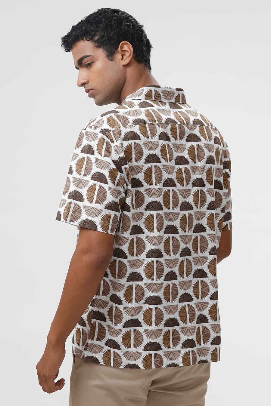 BASICS RELAXED FIT ALMONDINE BROWN COTTON TWILL SLUB PRINTED HALFSLEEVES SHIRT