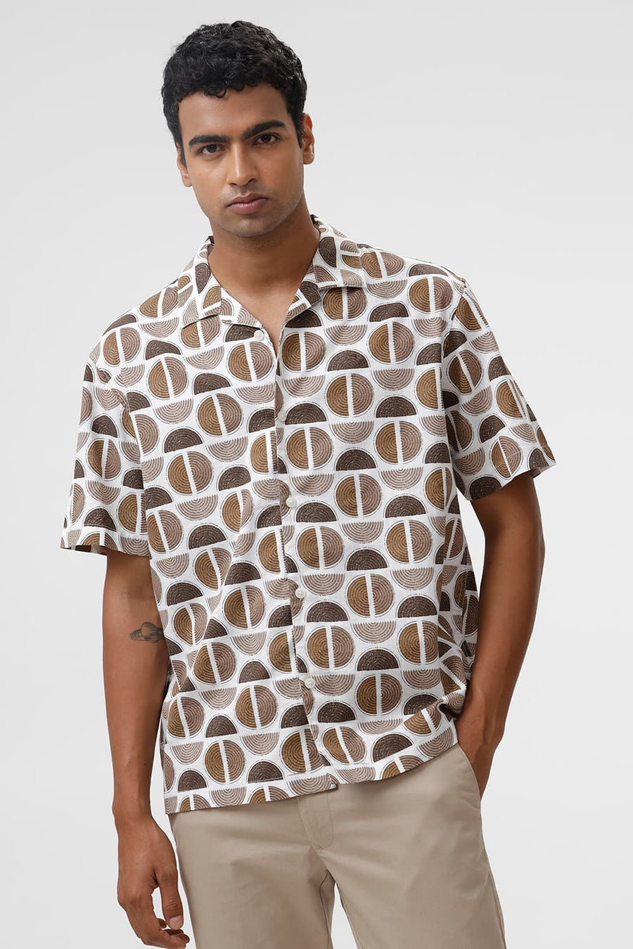 BASICS RELAXED FIT ALMONDINE BROWN COTTON TWILL SLUB PRINTED HALFSLEEVES SHIRT