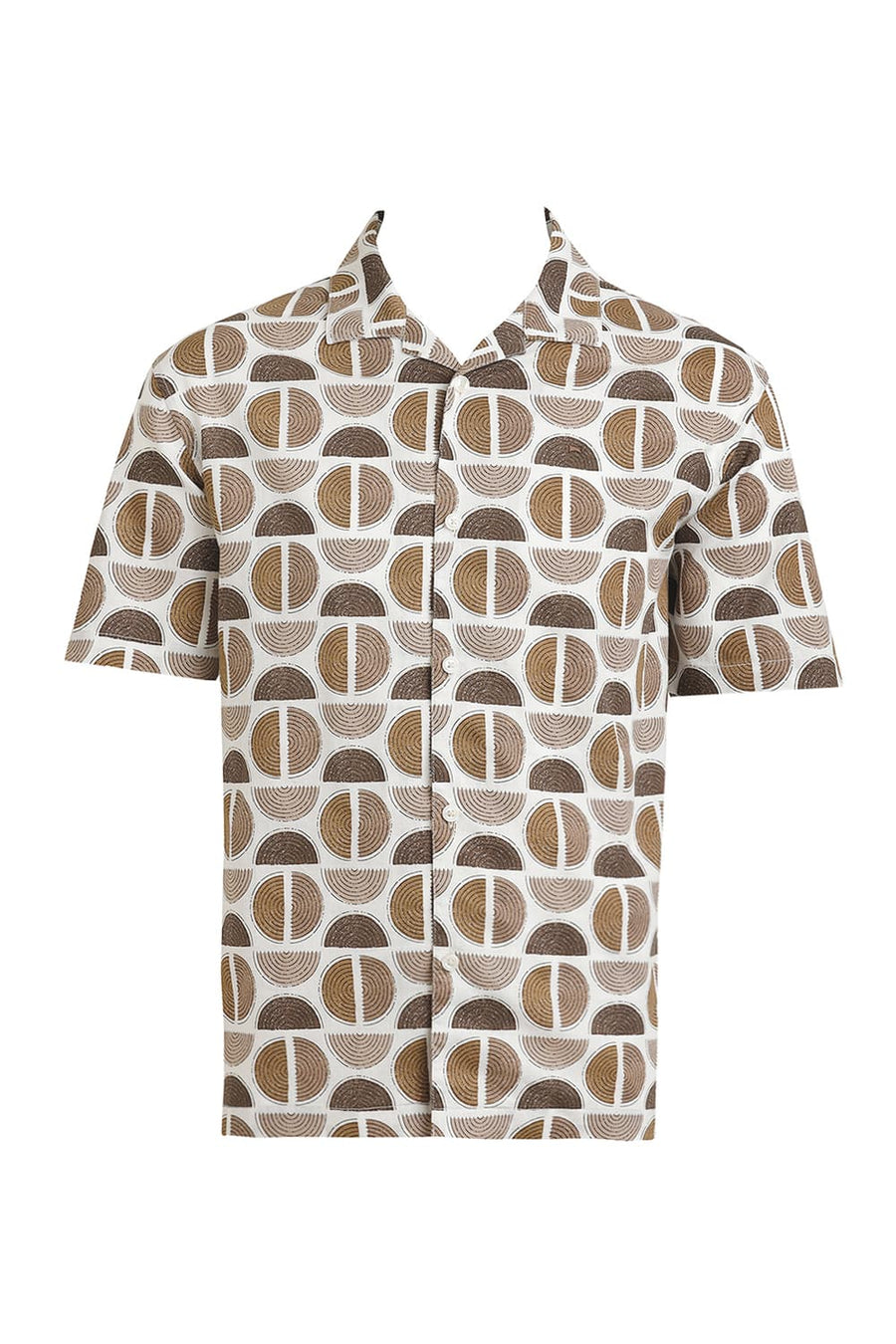BASICS RELAXED FIT ALMONDINE BROWN COTTON TWILL SLUB PRINTED HALFSLEEVES SHIRT