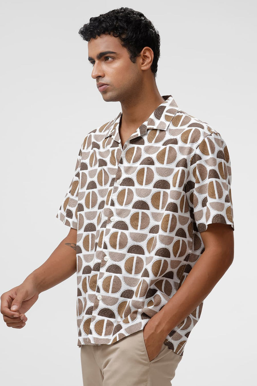 BASICS RELAXED FIT ALMONDINE BROWN COTTON TWILL SLUB PRINTED HALFSLEEVES SHIRT