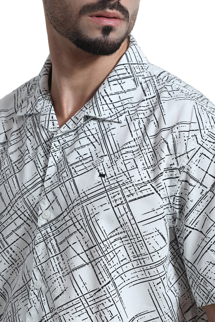 BASICS RELAXED FIT WHITE CLOUD COTTON POPLIN PRINTED HALFSLEEVES SHIRT
