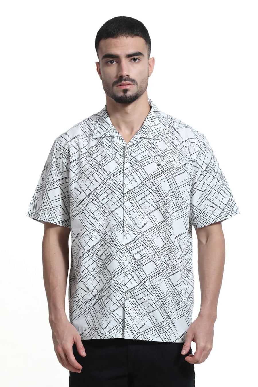 BASICS RELAXED FIT WHITE CLOUD COTTON POPLIN PRINTED HALFSLEEVES SHIRT