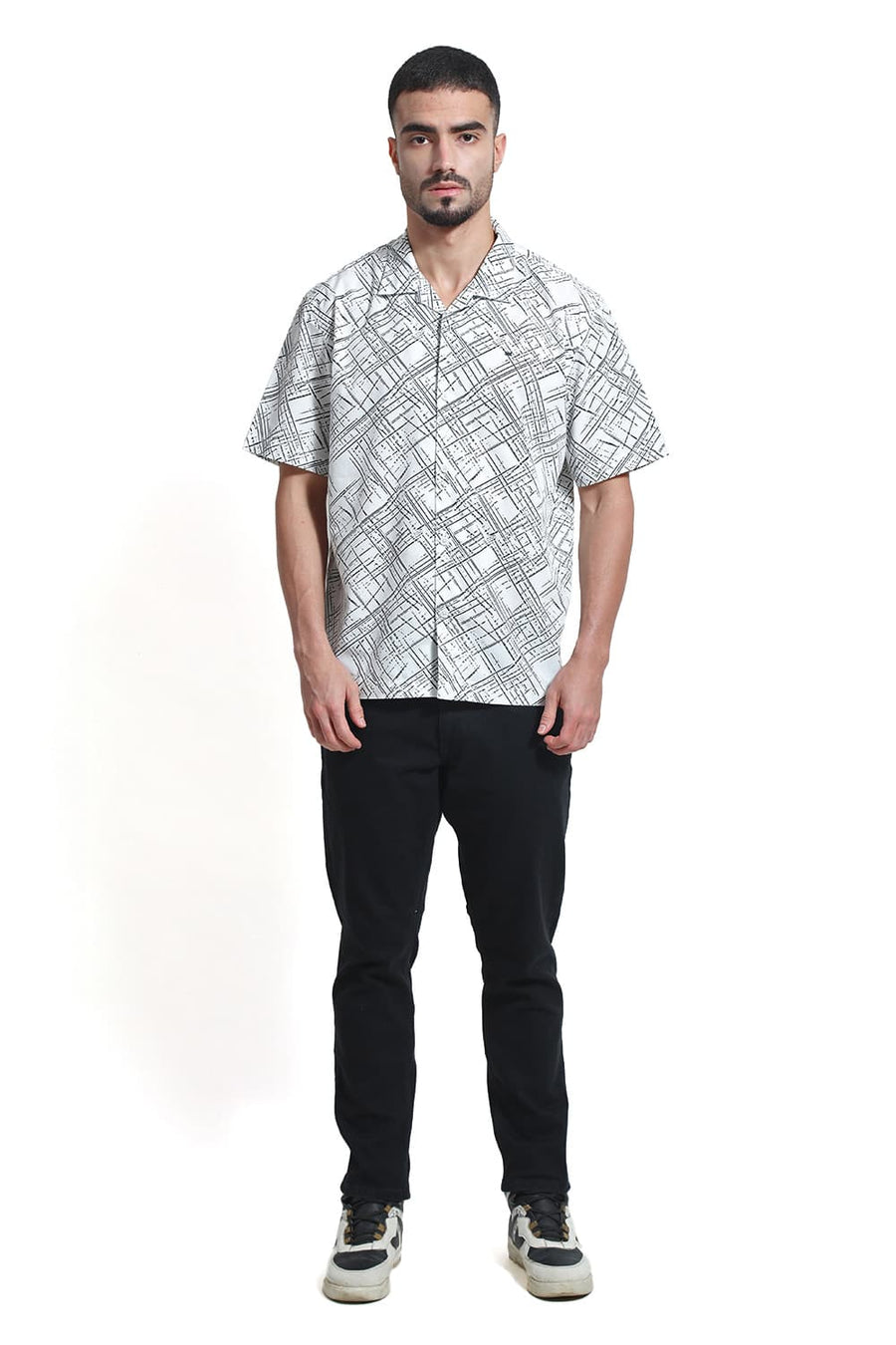 BASICS RELAXED FIT WHITE CLOUD COTTON POPLIN PRINTED HALFSLEEVES SHIRT