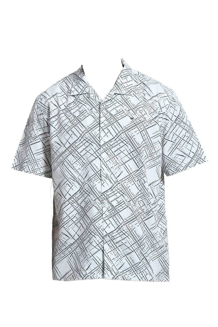 BASICS RELAXED FIT WHITE CLOUD COTTON POPLIN PRINTED HALFSLEEVES SHIRT
