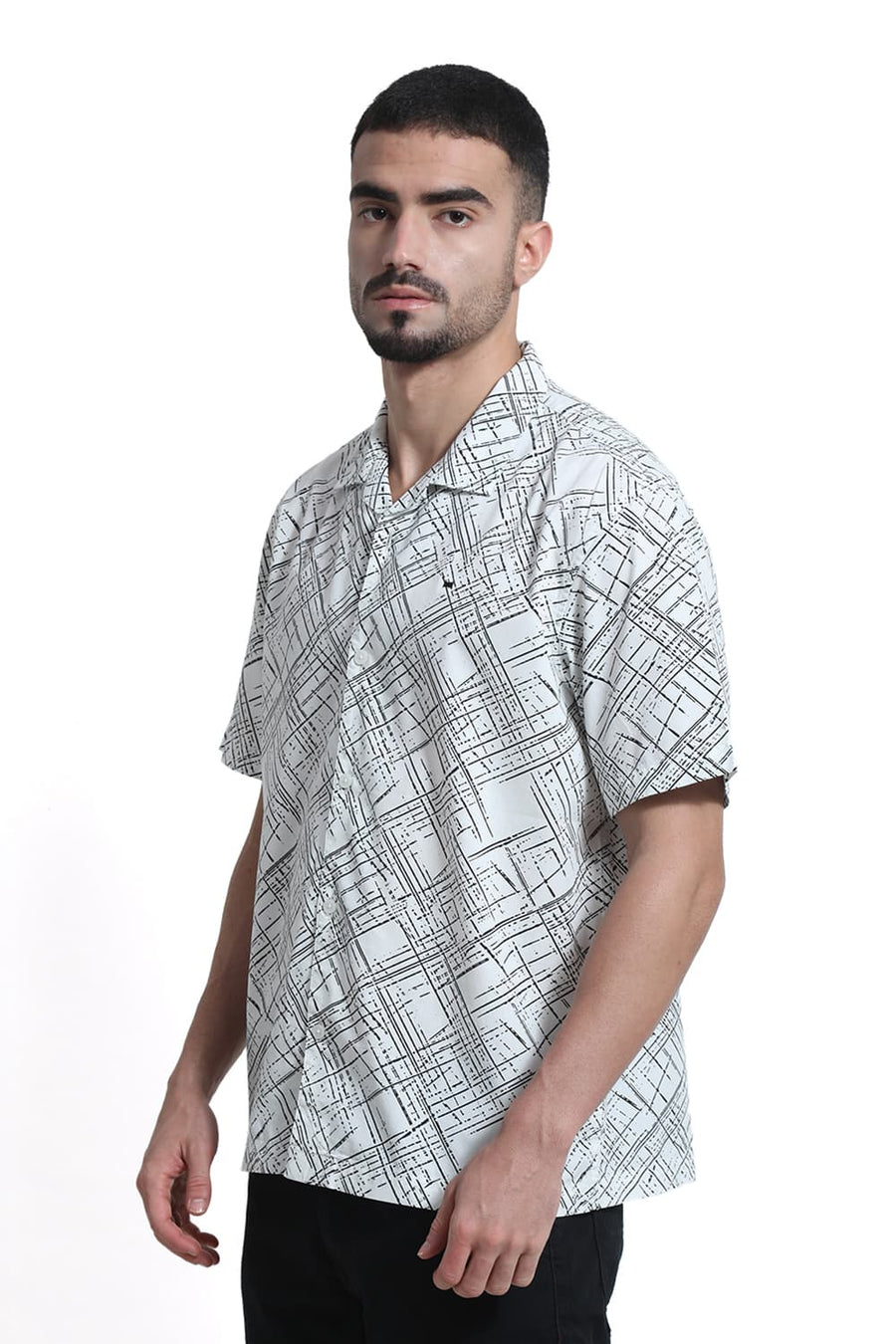BASICS RELAXED FIT WHITE CLOUD COTTON POPLIN PRINTED HALFSLEEVES SHIRT
