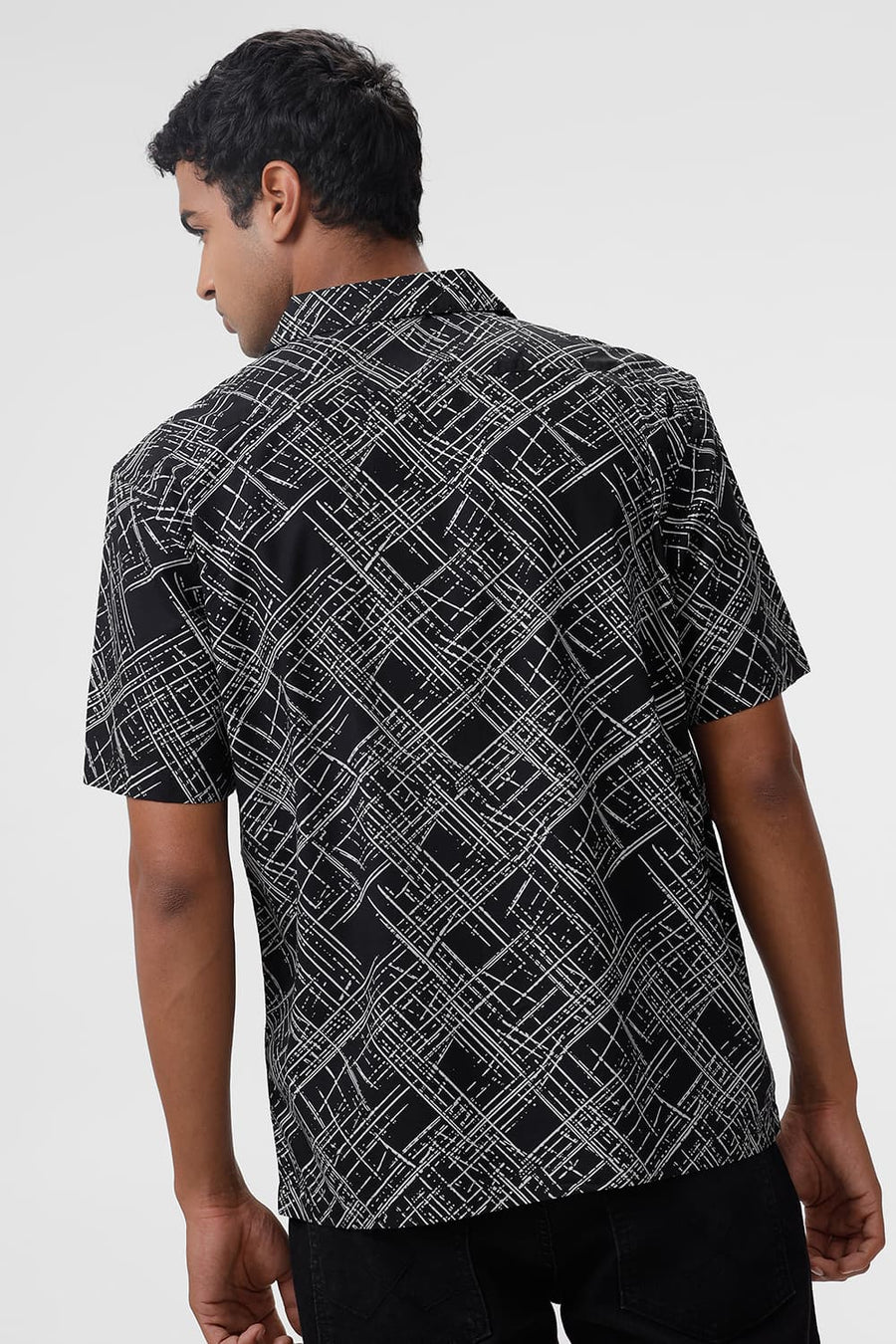 BASICS RELAXED FIT PHANTOM BLACK COTTON POPLIN PRINTED HALFSLEEVES SHIRT