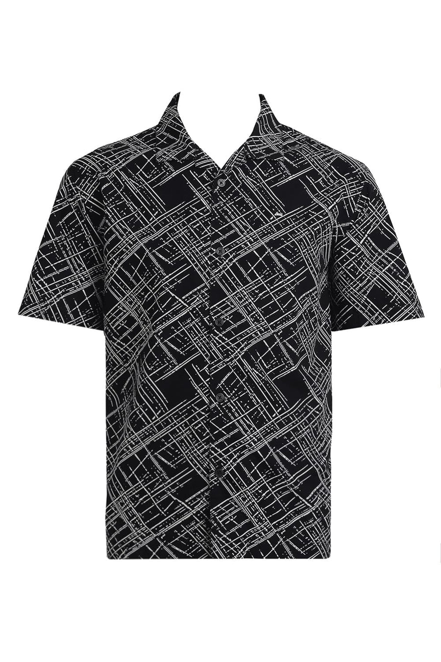 BASICS RELAXED FIT PHANTOM BLACK COTTON POPLIN PRINTED HALFSLEEVES SHIRT