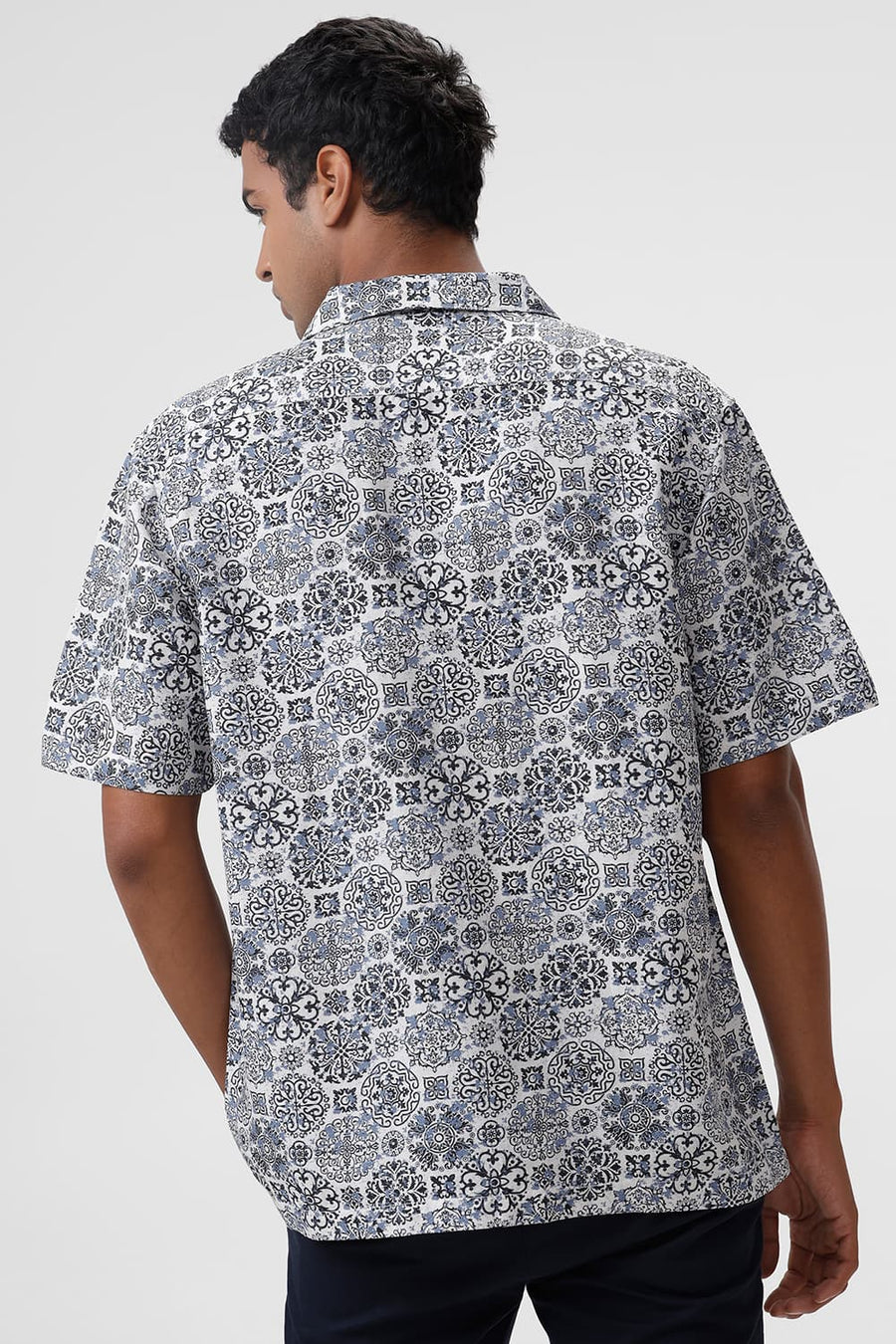 BASICS RELAXED FIT NAVY SAPPHIRE VISCOSE LINEN PRINTED HALFSLEEVES SHIRT