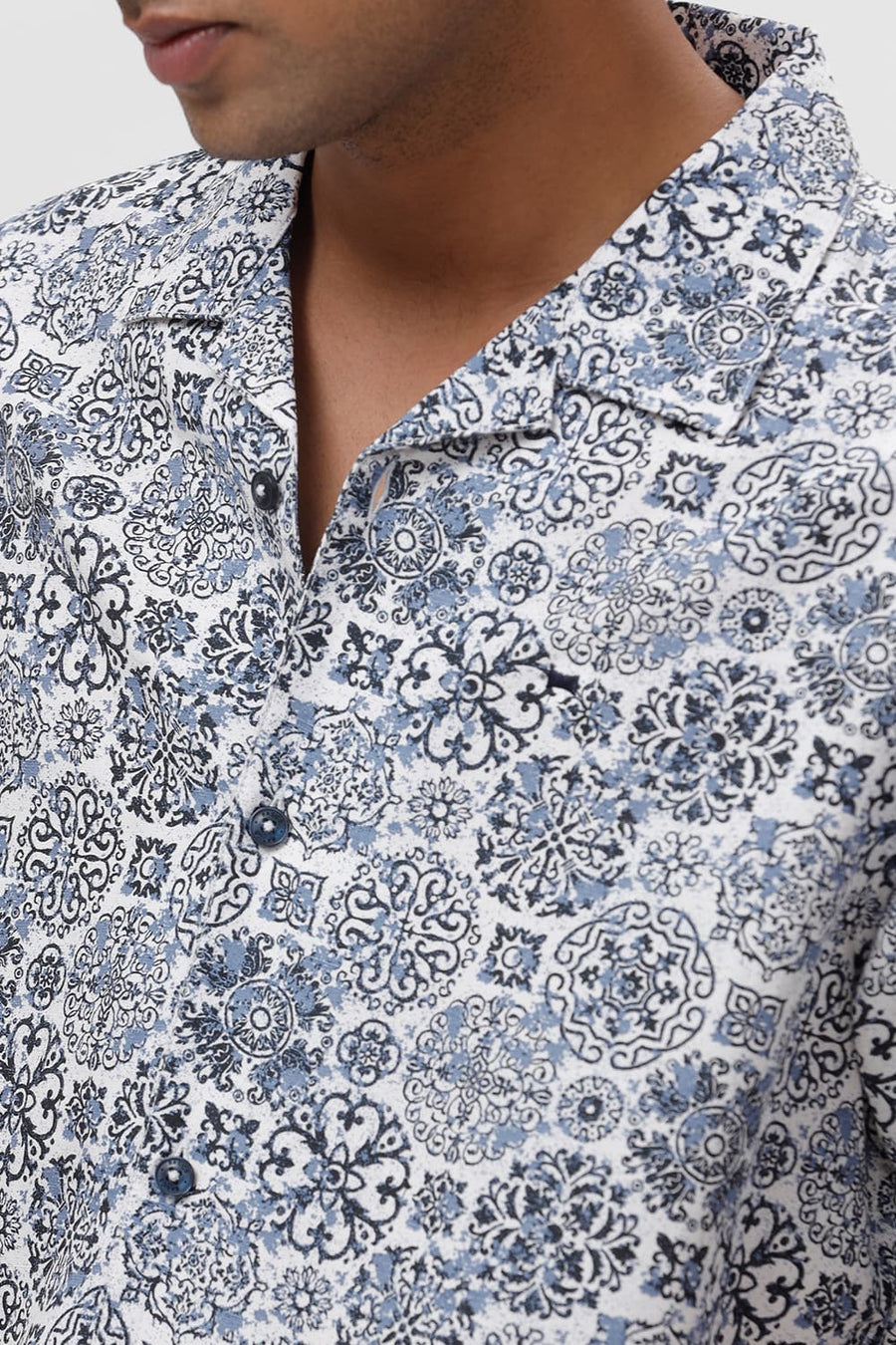 BASICS RELAXED FIT NAVY SAPPHIRE VISCOSE LINEN PRINTED HALFSLEEVES SHIRT
