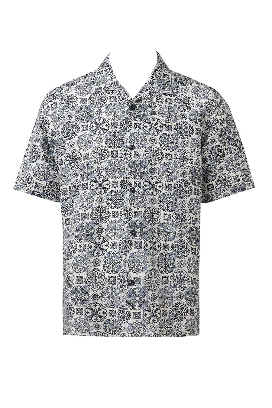 BASICS RELAXED FIT NAVY SAPPHIRE VISCOSE LINEN PRINTED HALFSLEEVES SHIRT