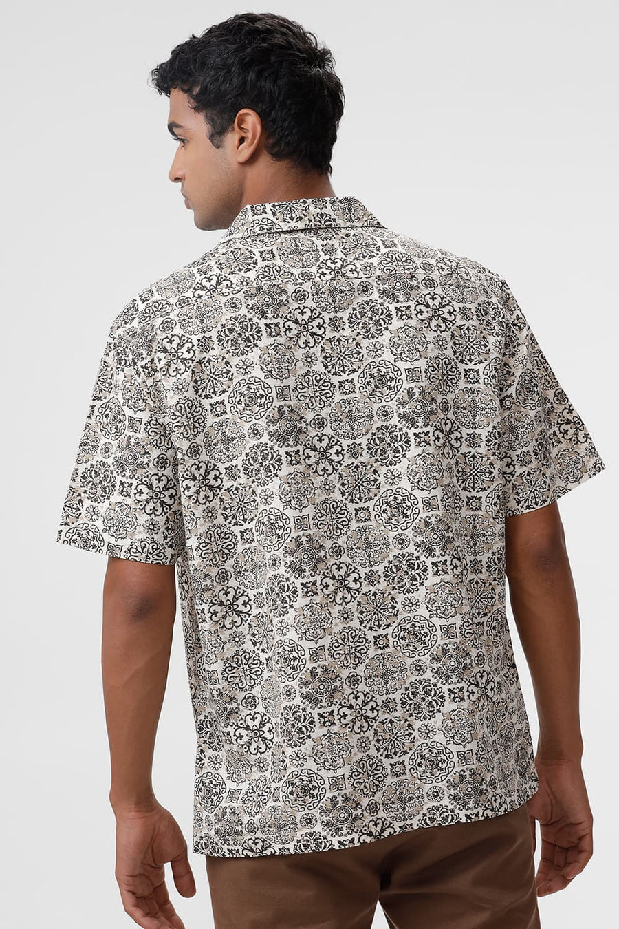 BASICS RELAXED FIT CHOCOLATE BROWN VISCOSE LINEN PRINTED HALFSLEEVES SHIRT