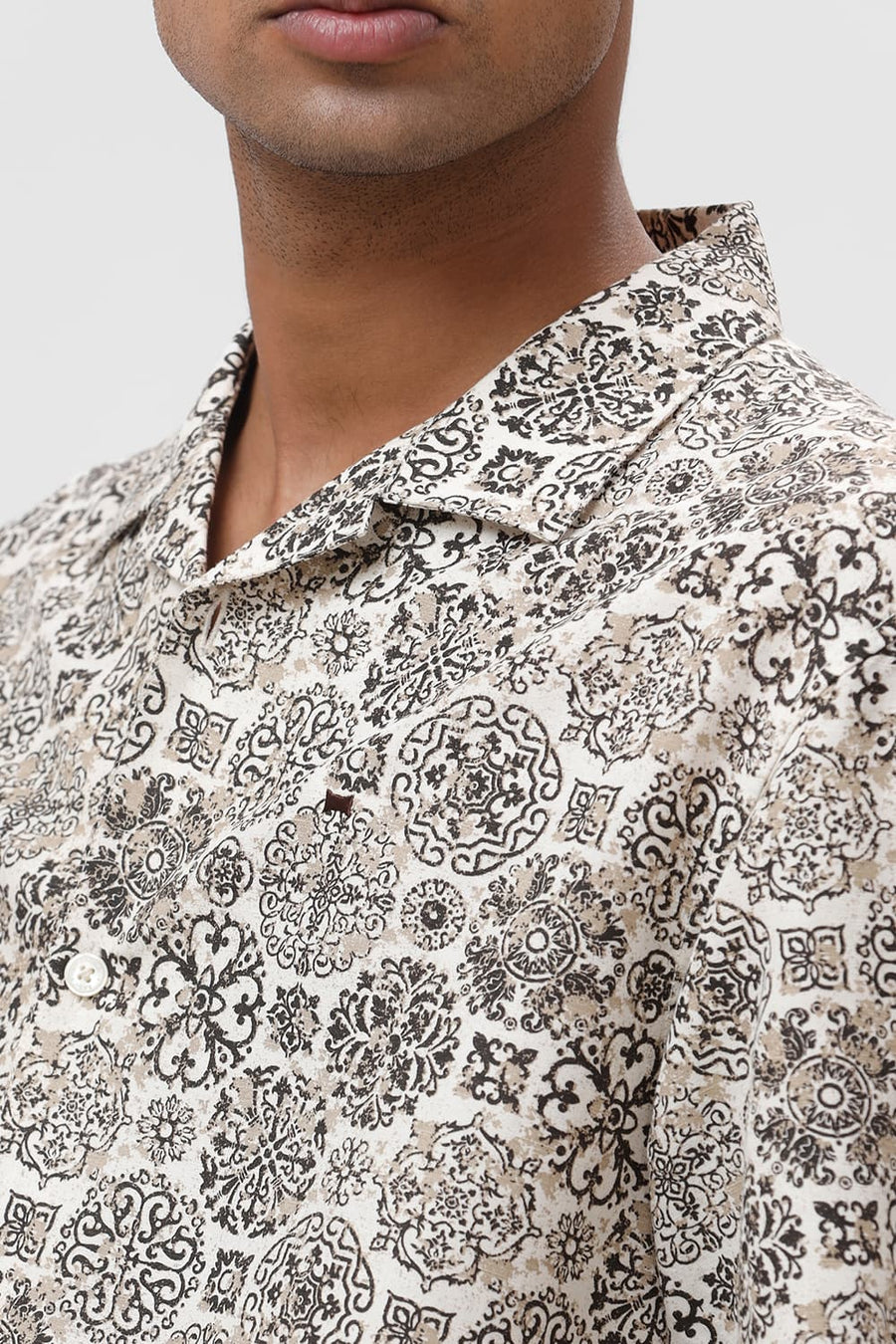 BASICS RELAXED FIT CHOCOLATE BROWN VISCOSE LINEN PRINTED HALFSLEEVES SHIRT