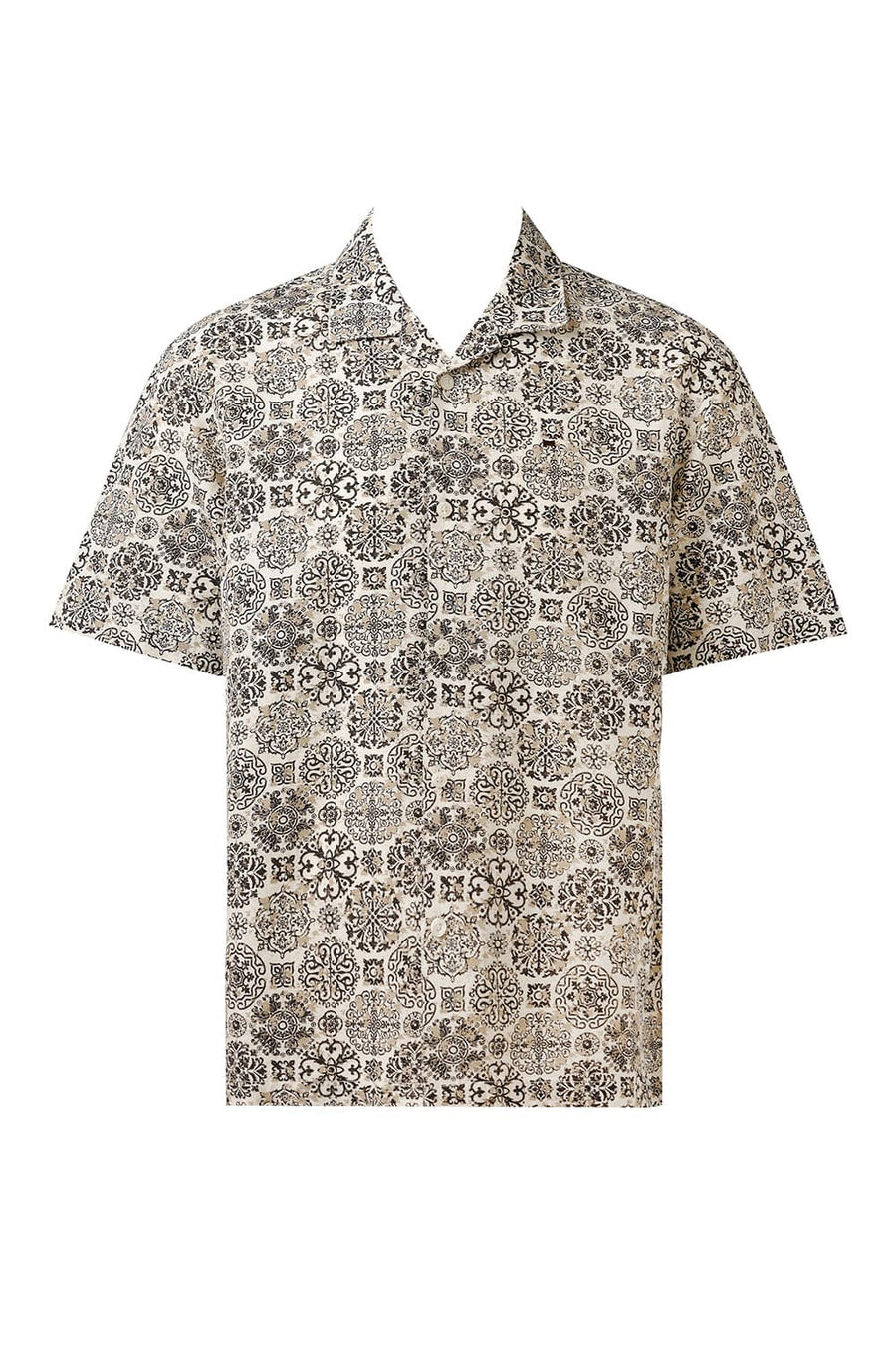 BASICS RELAXED FIT CHOCOLATE BROWN VISCOSE LINEN PRINTED HALFSLEEVES SHIRT