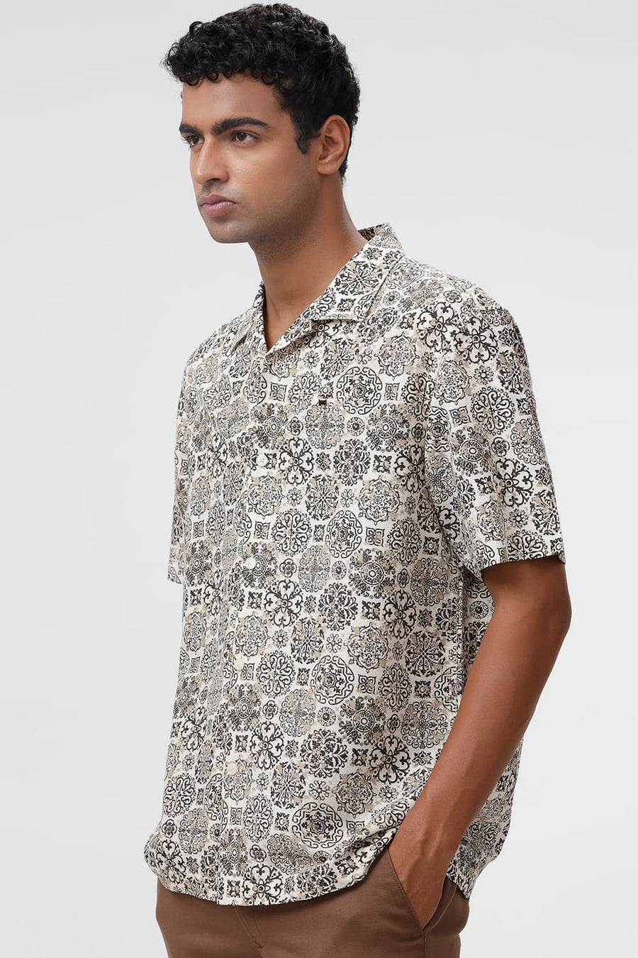 BASICS RELAXED FIT CHOCOLATE BROWN VISCOSE LINEN PRINTED HALFSLEEVES SHIRT
