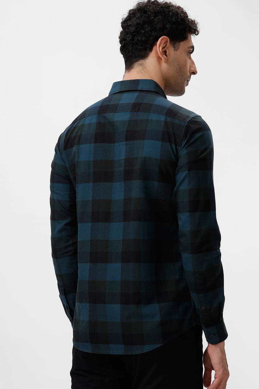 BASICS SLIM FIT BLUE CORAL COTTON HERRINGBONE CHECKS SHIRT
