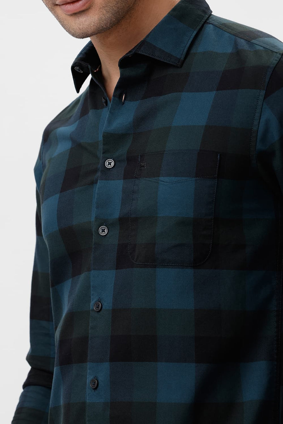 BASICS SLIM FIT BLUE CORAL COTTON HERRINGBONE CHECKS SHIRT