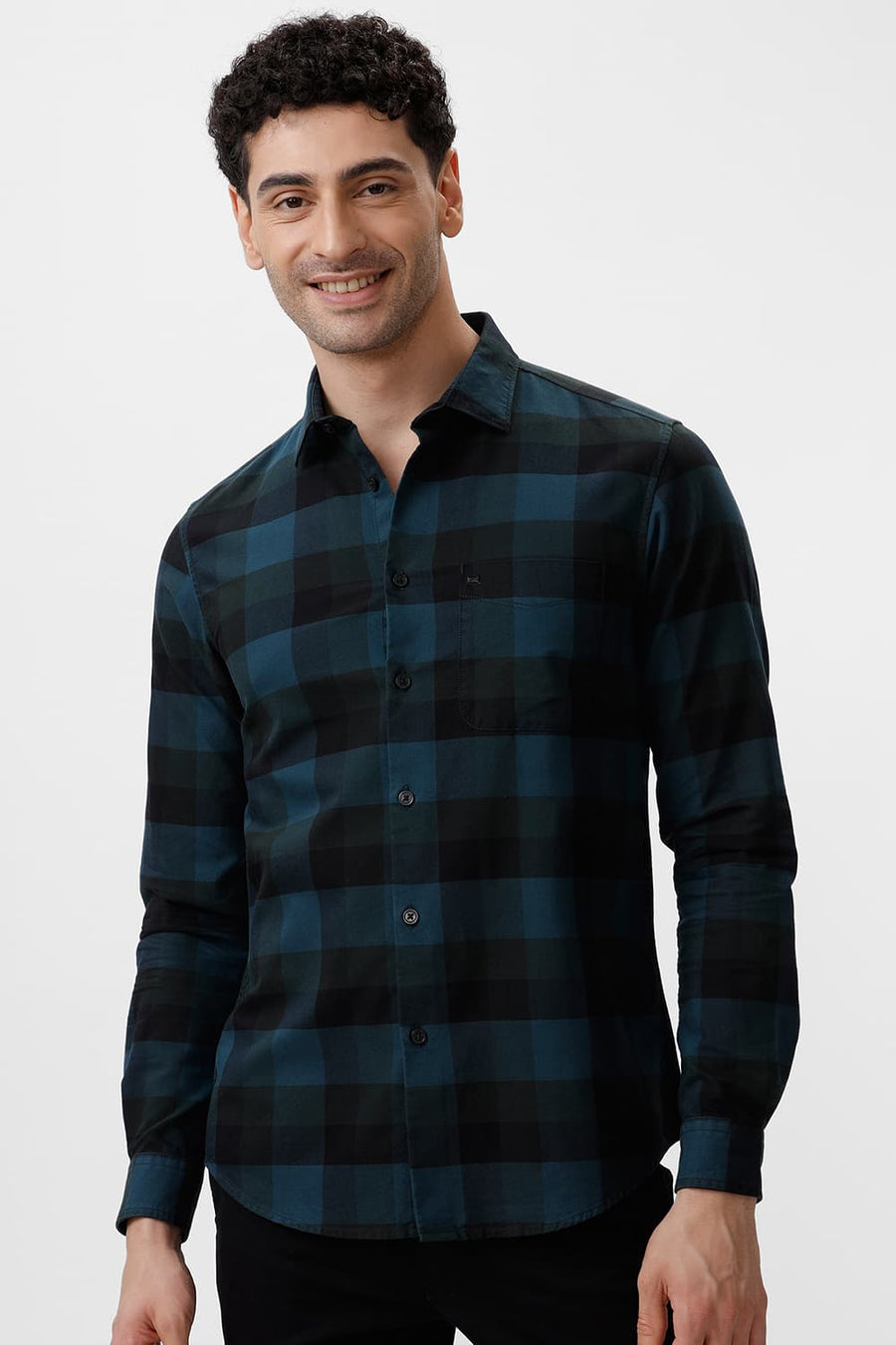 BASICS SLIM FIT BLUE CORAL COTTON HERRINGBONE CHECKS SHIRT