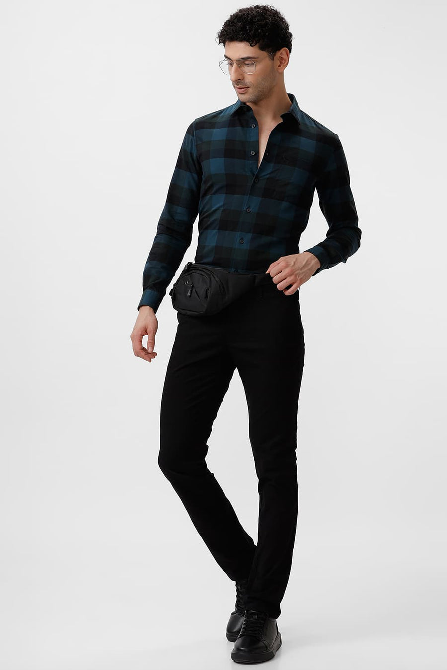 BASICS SLIM FIT BLUE CORAL COTTON HERRINGBONE CHECKS SHIRT