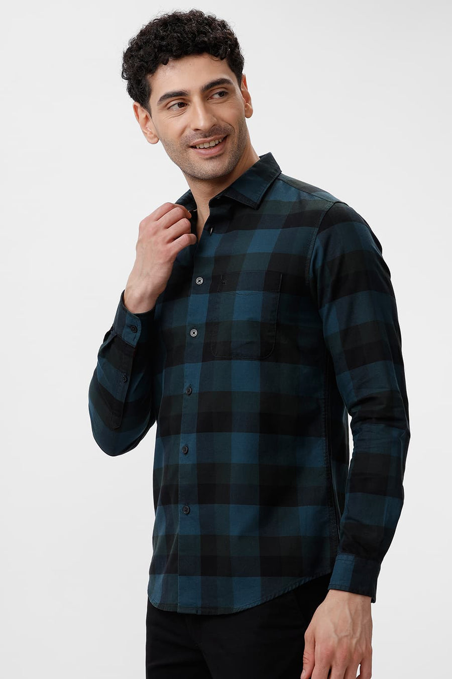 BASICS SLIM FIT BLUE CORAL COTTON HERRINGBONE CHECKS SHIRT