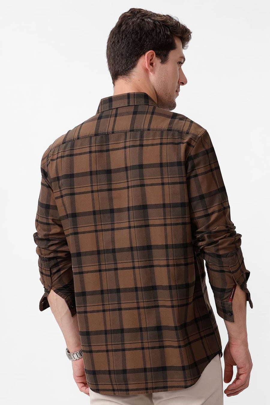 BASICS SLIM FIT COCOA BROWN COTTON HERRINGBONE CHECKS SHIRT