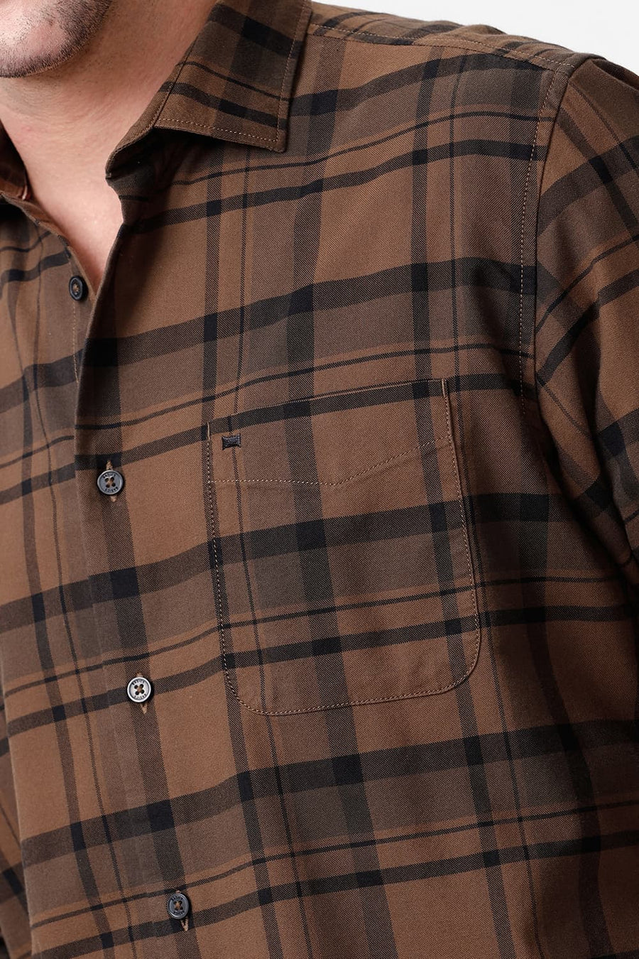 BASICS SLIM FIT COCOA BROWN COTTON HERRINGBONE CHECKS SHIRT
