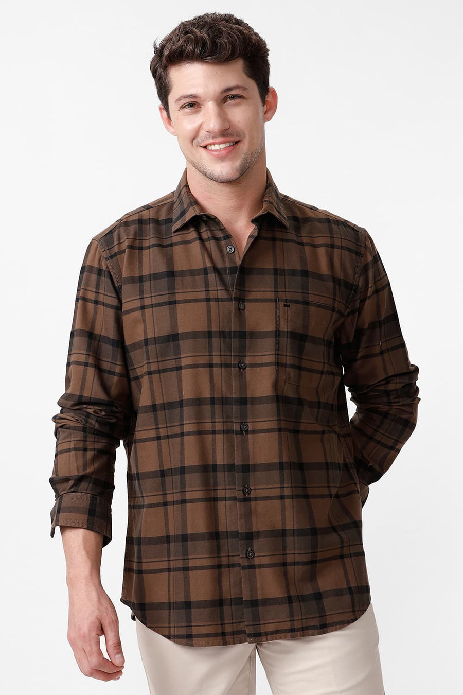 BASICS SLIM FIT COCOA BROWN COTTON HERRINGBONE CHECKS SHIRT
