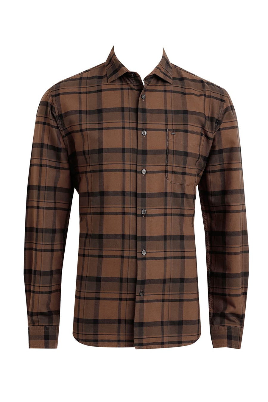 BASICS SLIM FIT COCOA BROWN COTTON HERRINGBONE CHECKS SHIRT