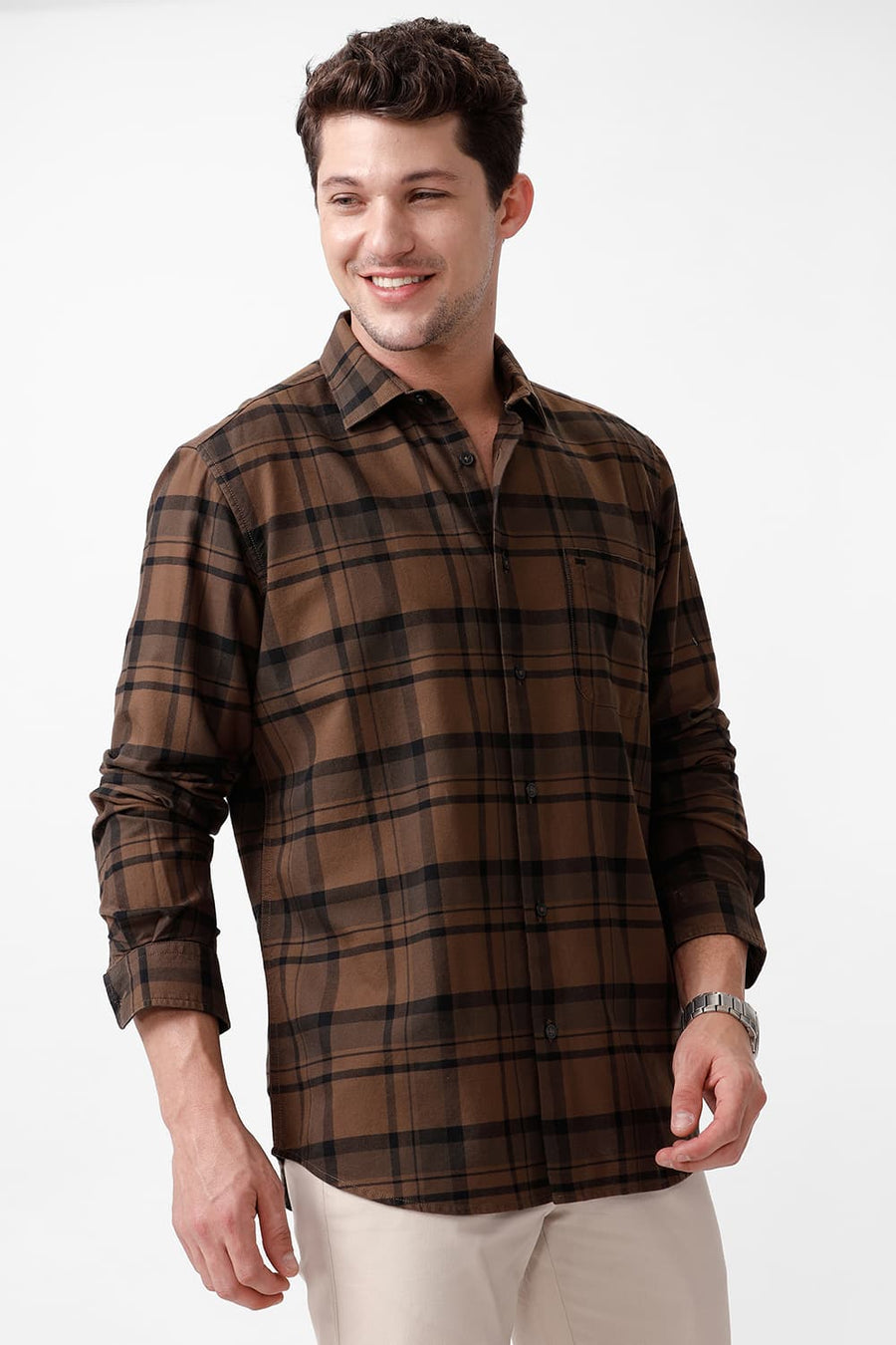 BASICS SLIM FIT COCOA BROWN COTTON HERRINGBONE CHECKS SHIRT