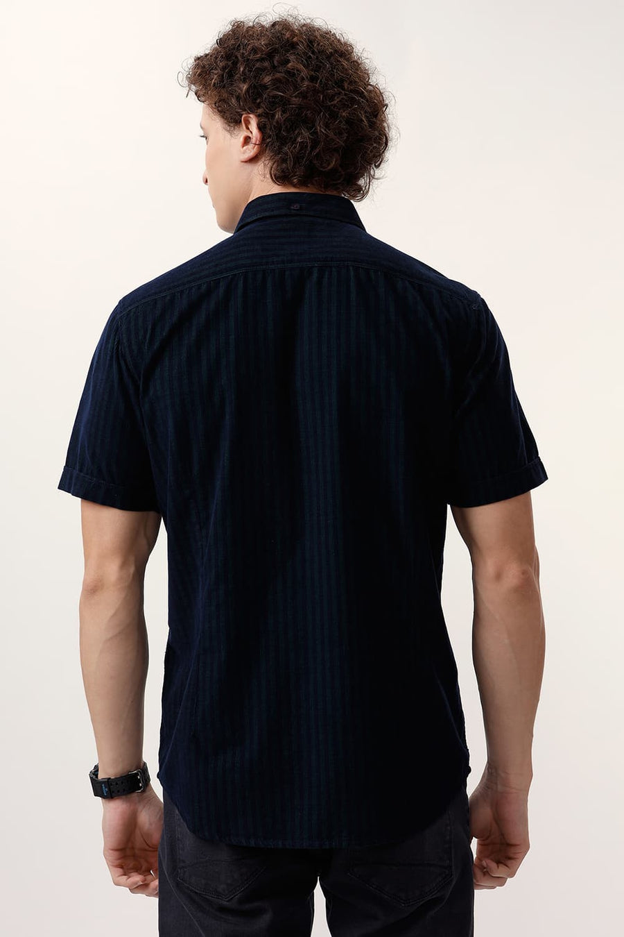 BASICS SLIM FIT PINE GREEN COTTON CORDUROY STRIPE HALFSLEEVES SHIRT