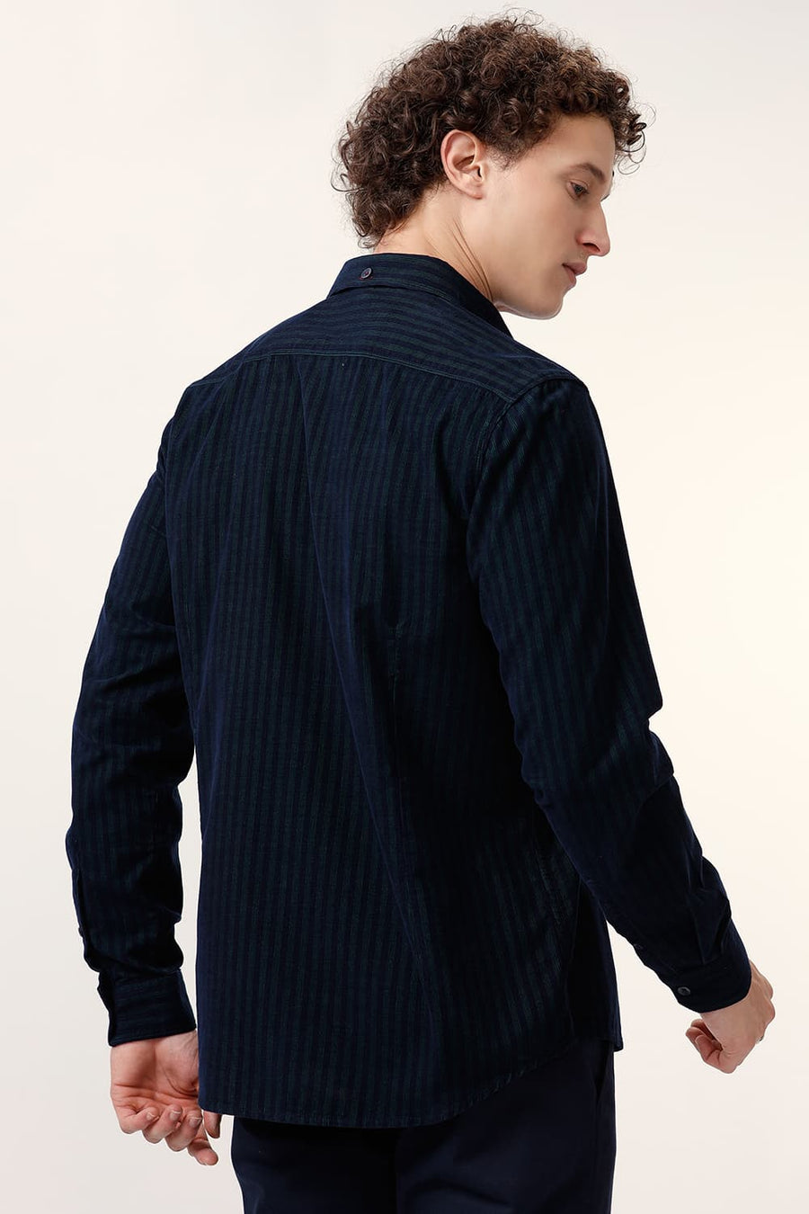 BASICS SLIM FIT PINE GREEN COTTON CORDUROY STRIPE SHIRT