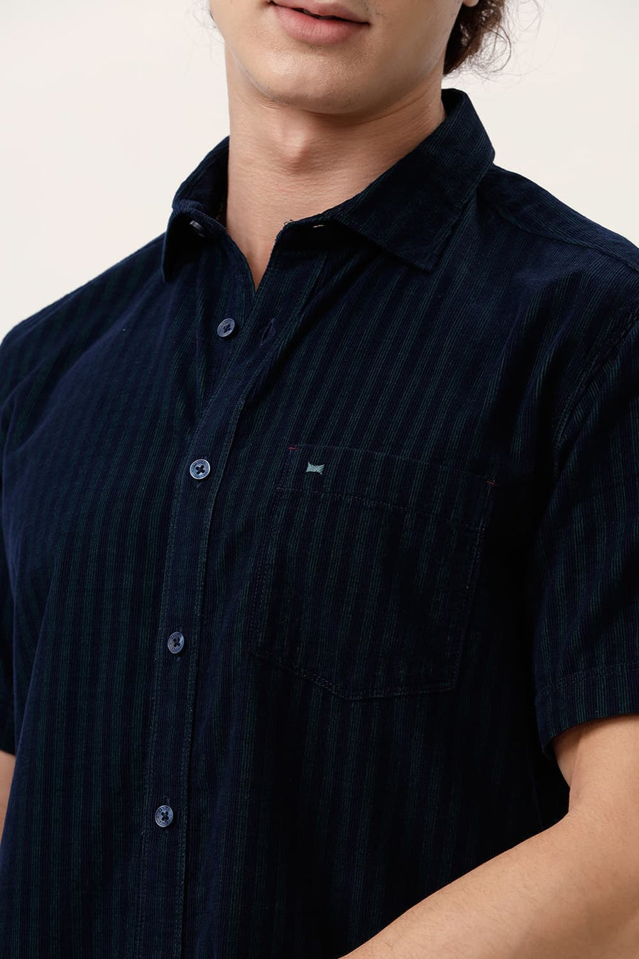 BASICS SLIM FIT PINE GREEN COTTON CORDUROY STRIPE HALFSLEEVES SHIRT