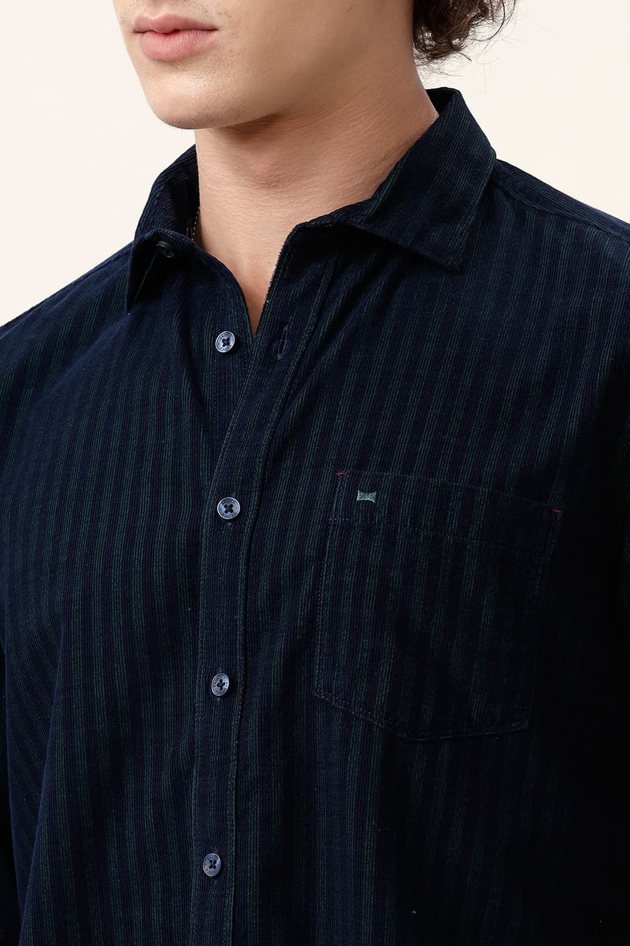 BASICS SLIM FIT PINE GREEN COTTON CORDUROY STRIPE SHIRT
