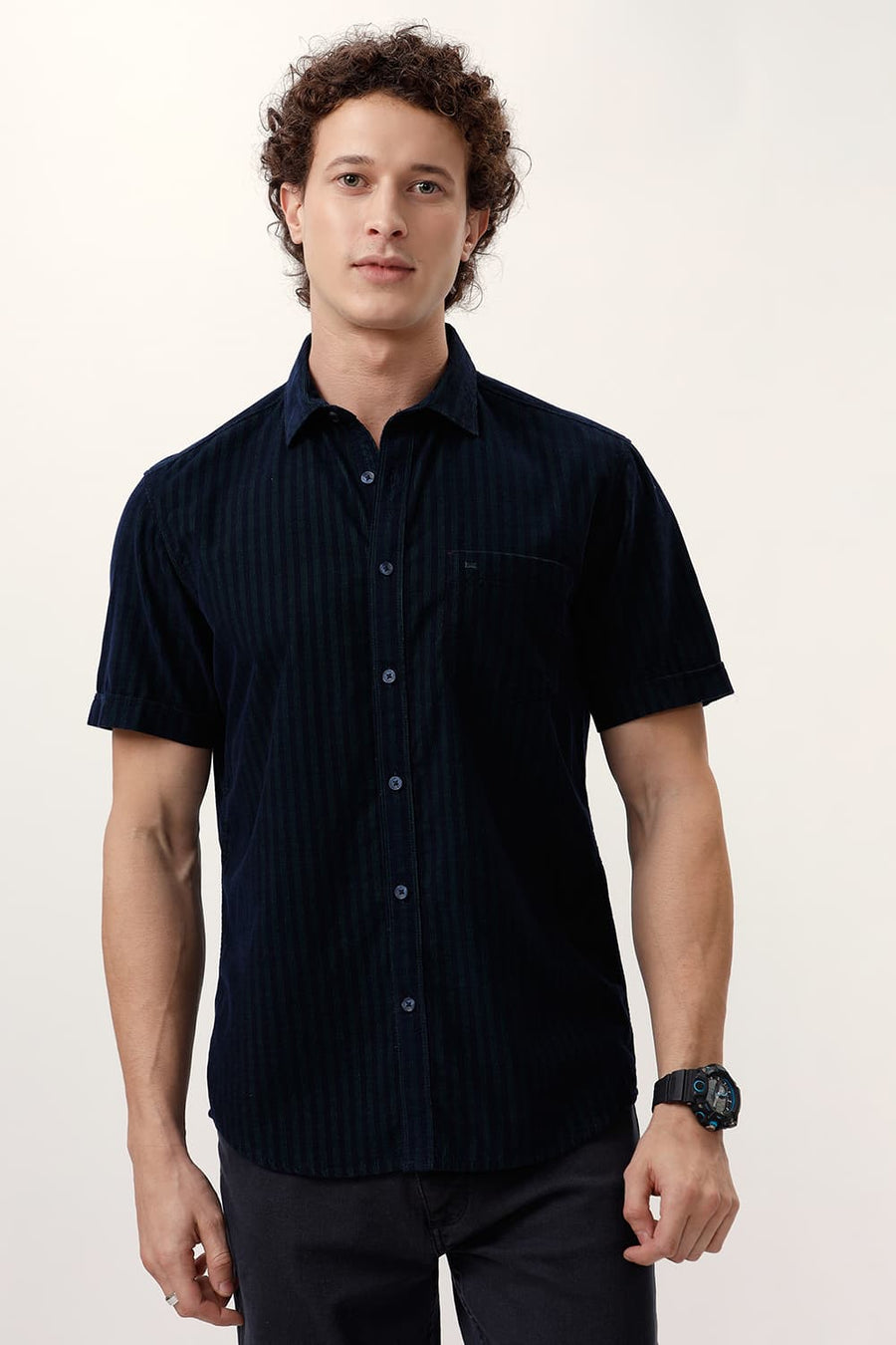 BASICS SLIM FIT PINE GREEN COTTON CORDUROY STRIPE HALFSLEEVES SHIRT