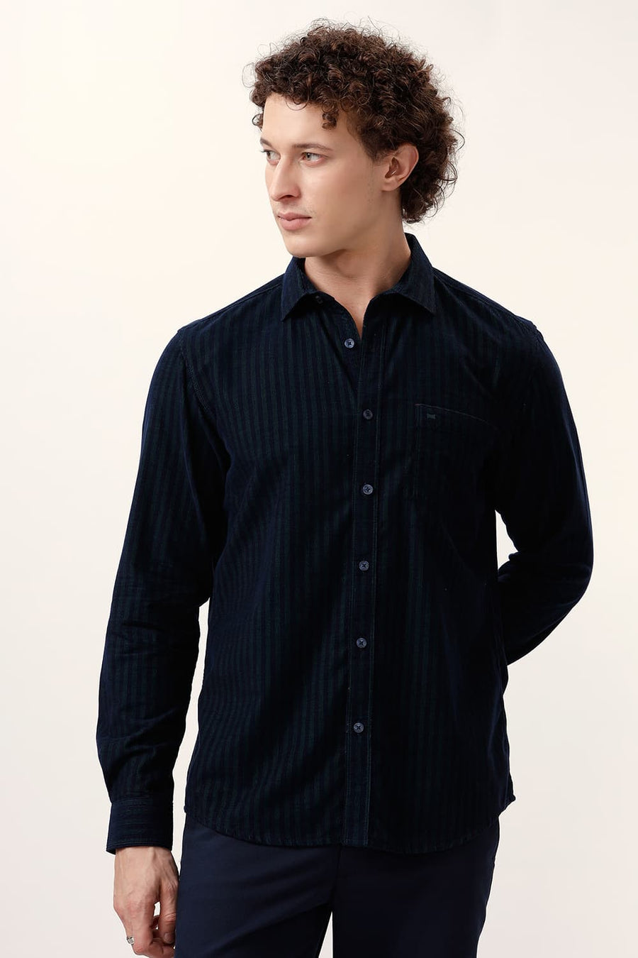 BASICS SLIM FIT PINE GREEN COTTON CORDUROY STRIPE SHIRT