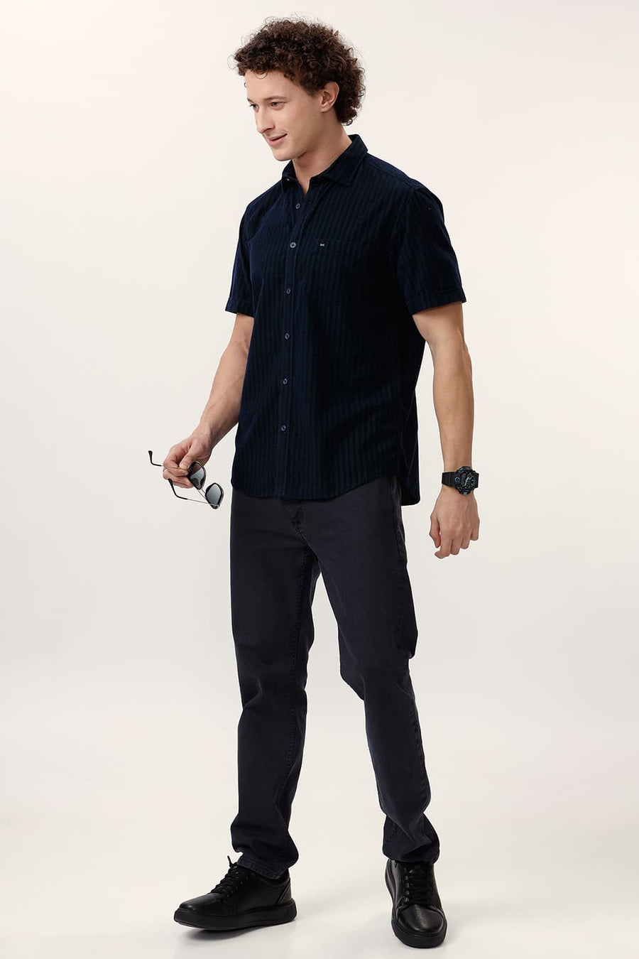 BASICS SLIM FIT PINE GREEN COTTON CORDUROY STRIPE HALFSLEEVES SHIRT