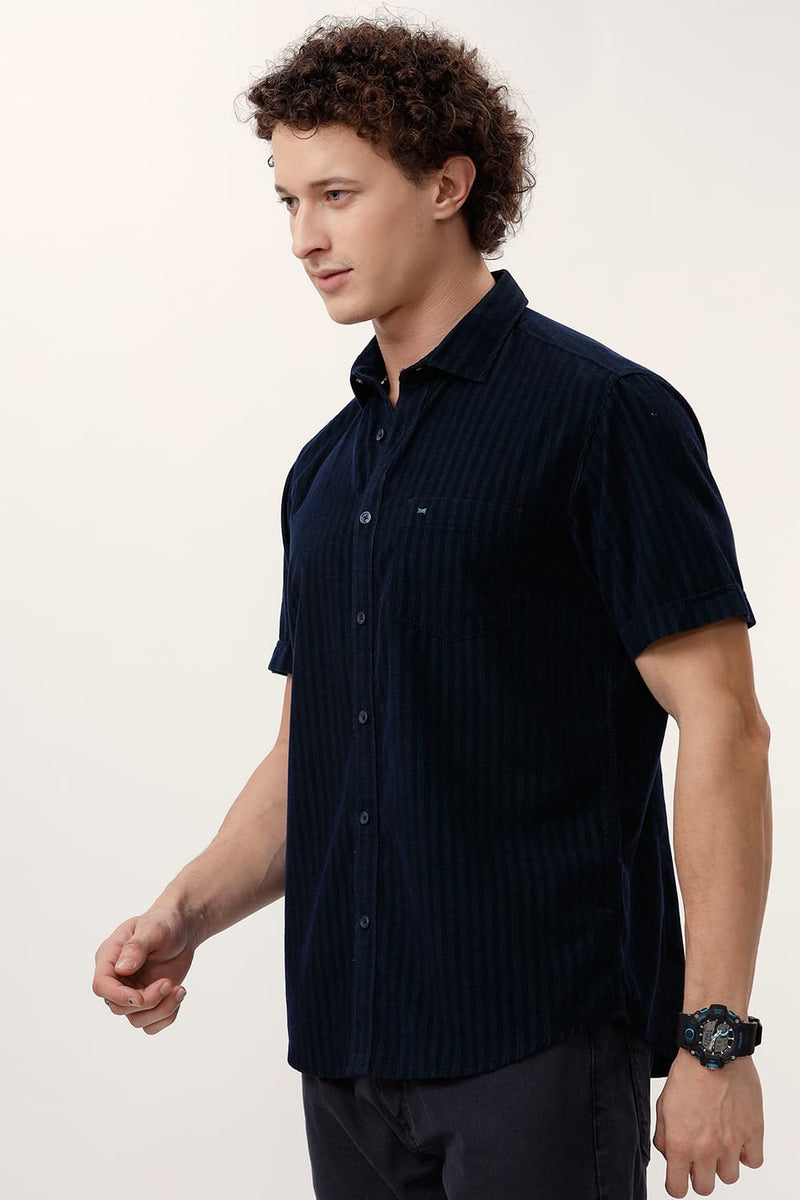 SLIM FIT COTTON CORDUROY STRIPE HALFSLEEVES SHIRT