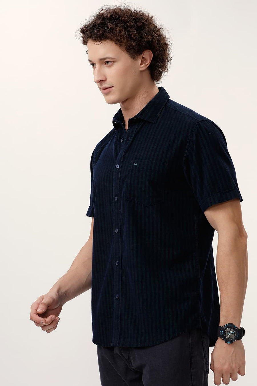 BASICS SLIM FIT PINE GREEN COTTON CORDUROY STRIPE HALFSLEEVES SHIRT