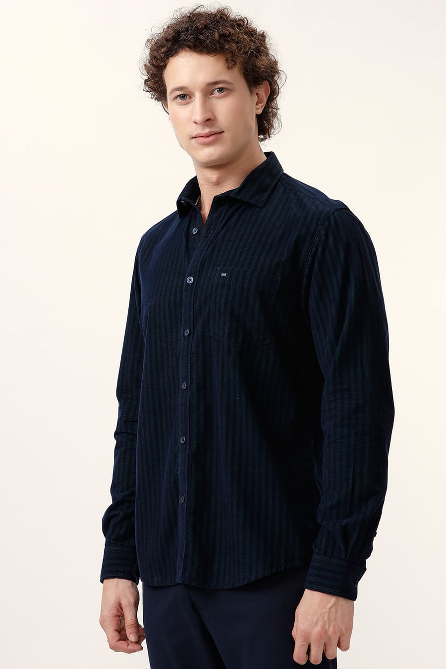 BASICS SLIM FIT PINE GREEN COTTON CORDUROY STRIPE SHIRT