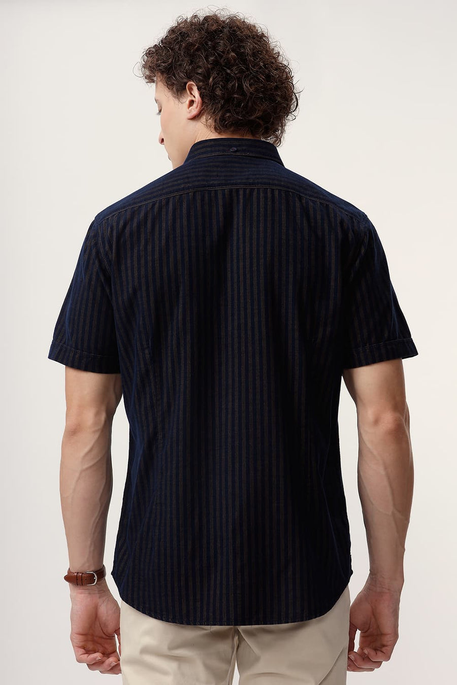 BASICS SLIM FIT KHAKI BISCUIT COTTON CORDUROY STRIPE HALFSLEEVES SHIRT