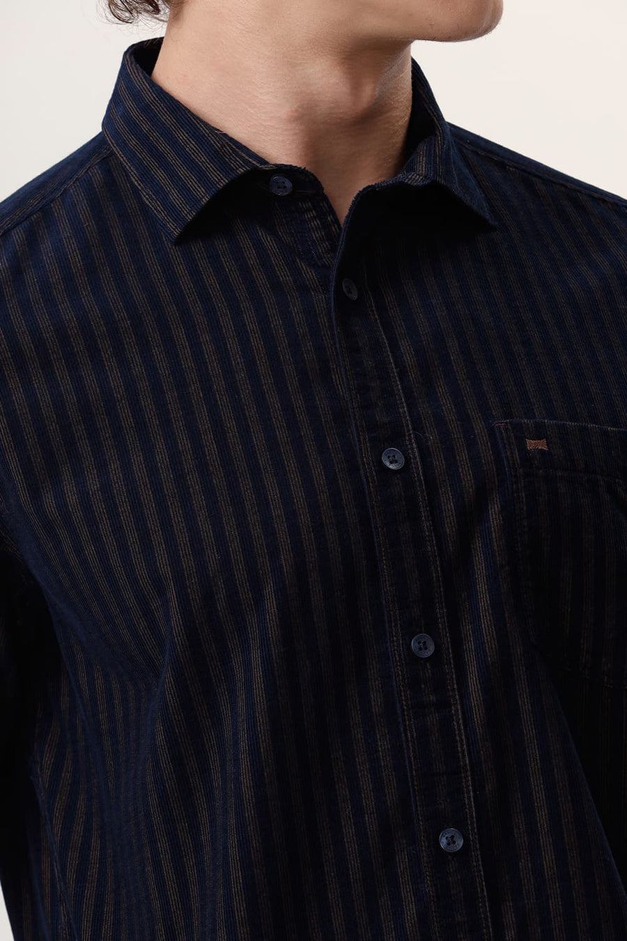 BASICS SLIM FIT KHAKI BISCUIT COTTON CORDUROY STRIPE HALFSLEEVES SHIRT