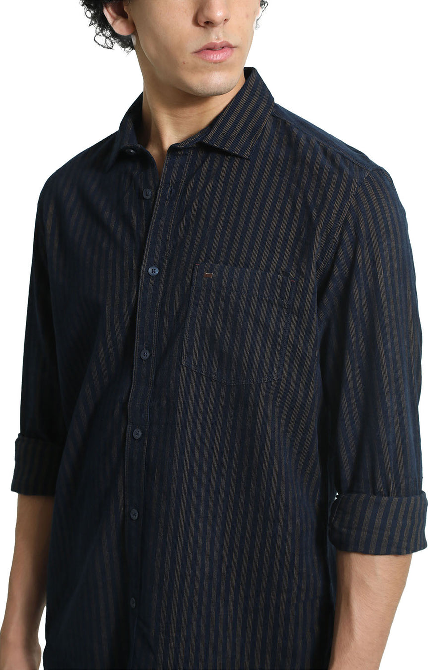 BASICS SLIM FIT KHAKI BISCUIT COTTON CORDUROY STRIPE SHIRT