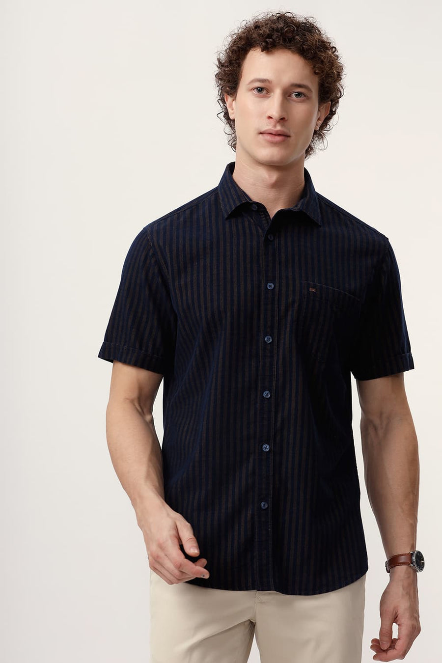 BASICS SLIM FIT KHAKI BISCUIT COTTON CORDUROY STRIPE HALFSLEEVES SHIRT