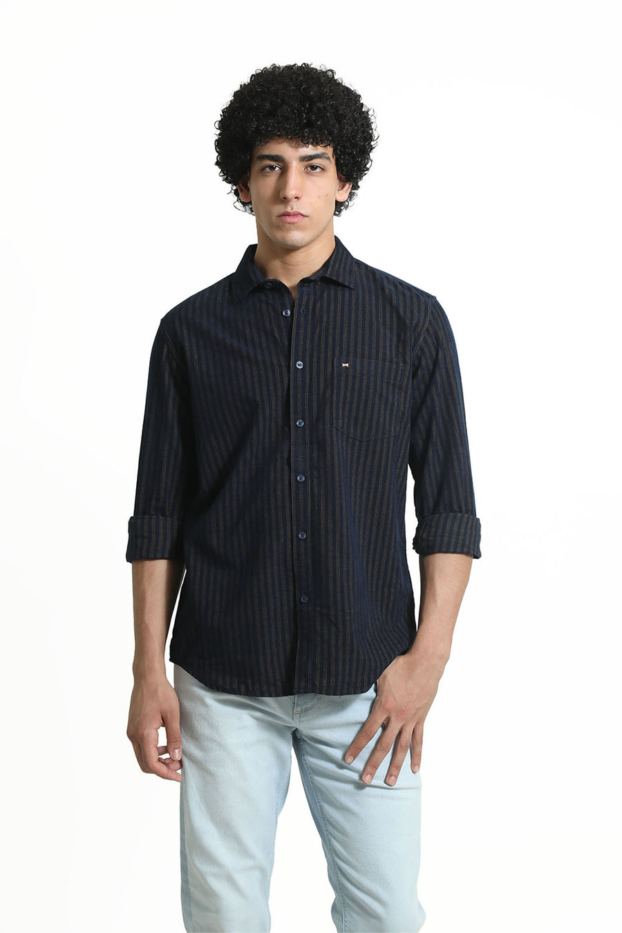 BASICS SLIM FIT KHAKI BISCUIT COTTON CORDUROY STRIPE SHIRT