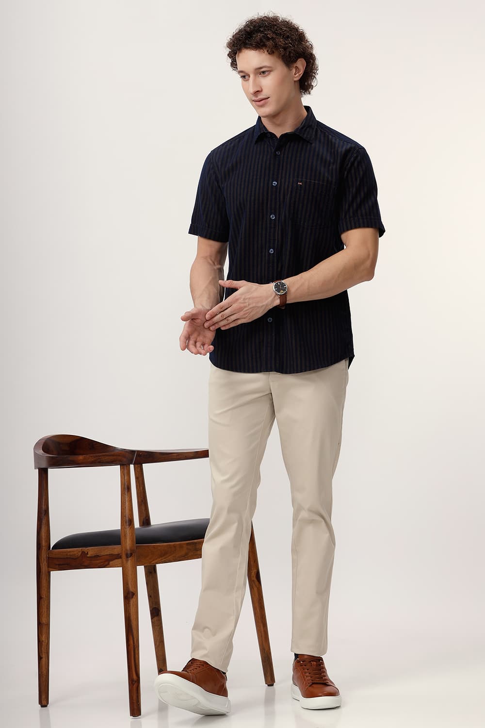 SLIM FIT COTTON CORDUROY STRIPE HALFSLEEVES SHIRT