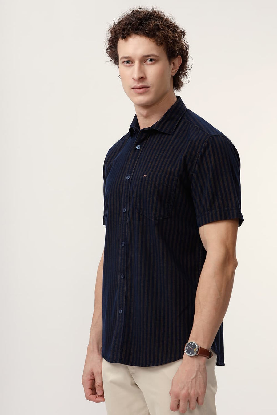 BASICS SLIM FIT KHAKI BISCUIT COTTON CORDUROY STRIPE HALFSLEEVES SHIRT