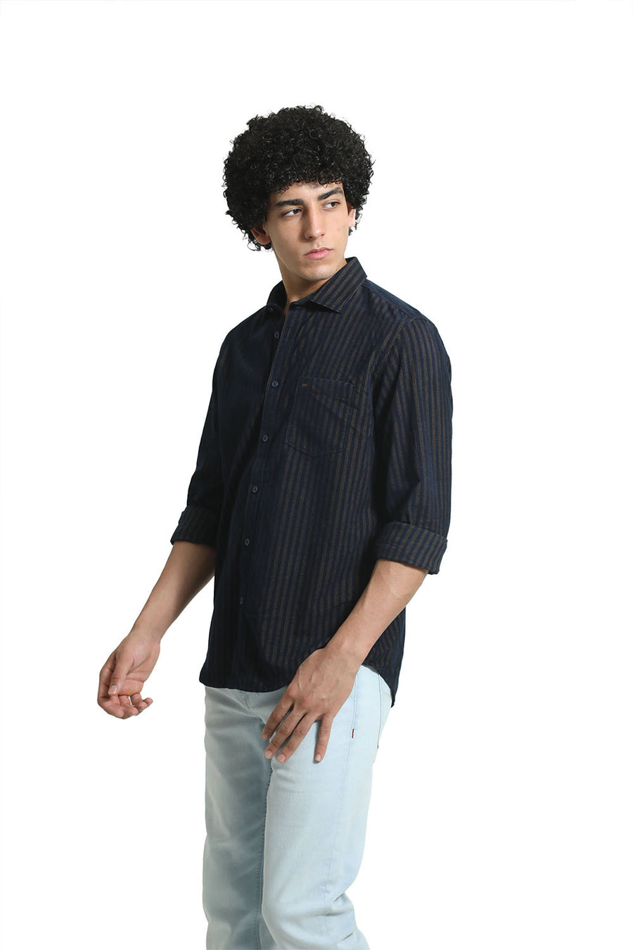 BASICS SLIM FIT KHAKI BISCUIT COTTON CORDUROY STRIPE SHIRT