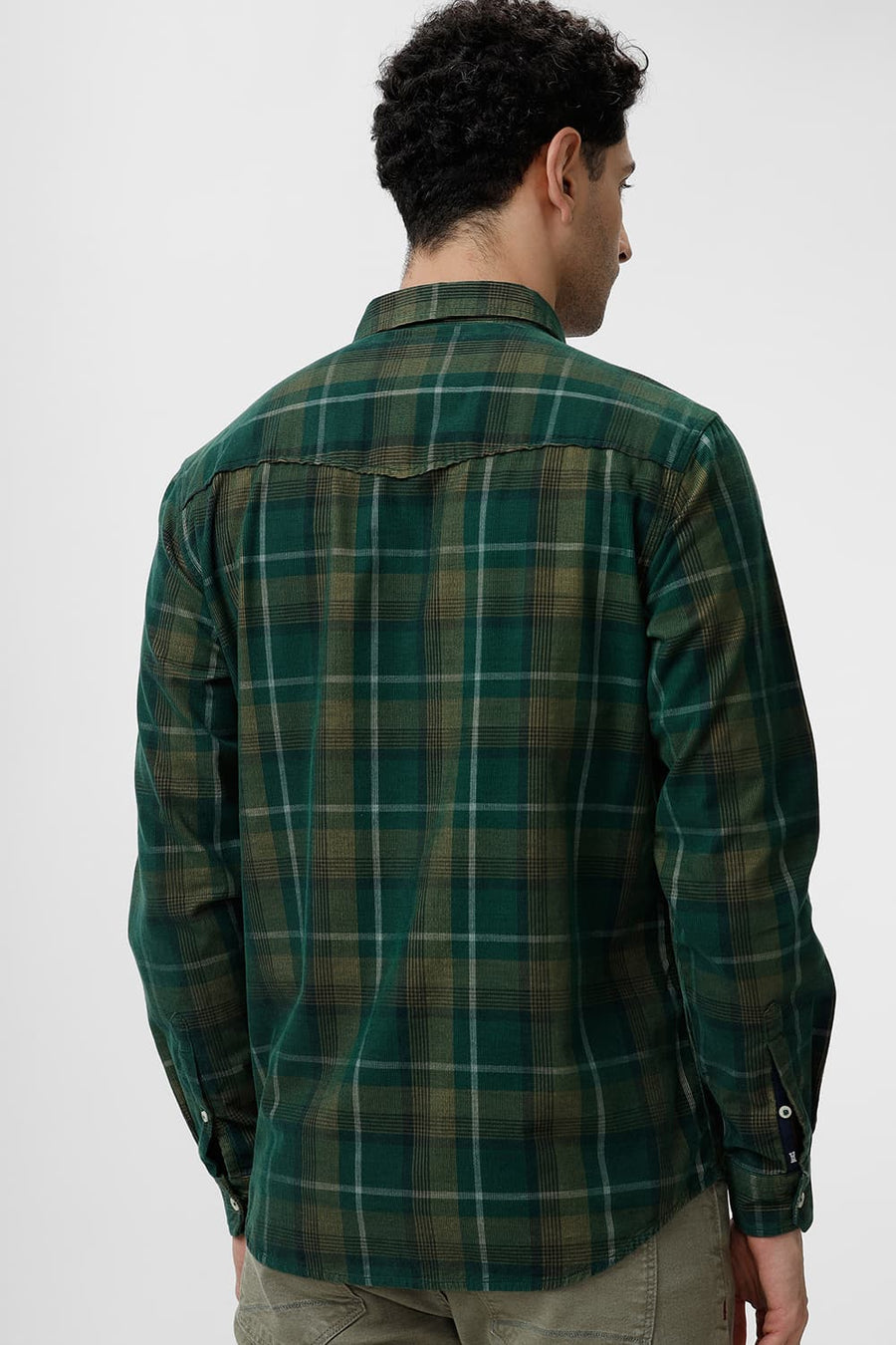BASICS SLIM FIT MALLARD GREEN COTTON CORDUROY CHECKS SHIRT