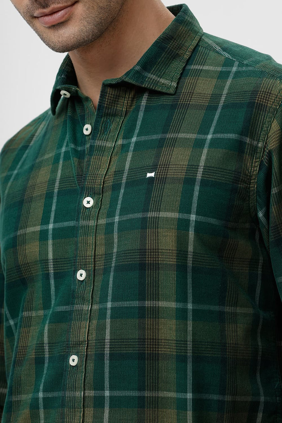 BASICS SLIM FIT MALLARD GREEN COTTON CORDUROY CHECKS SHIRT