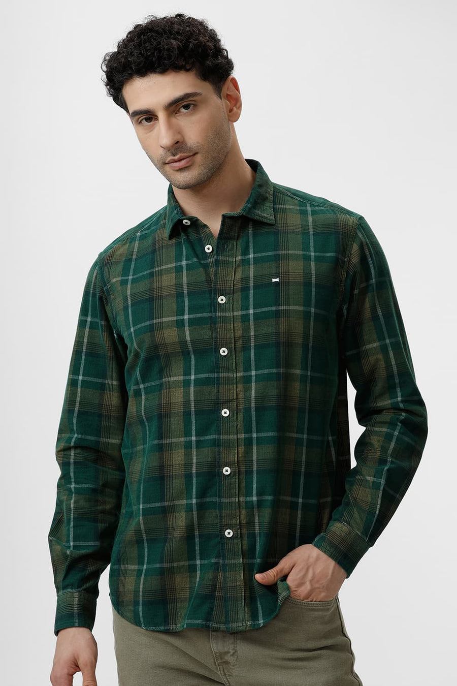 BASICS SLIM FIT MALLARD GREEN COTTON CORDUROY CHECKS SHIRT